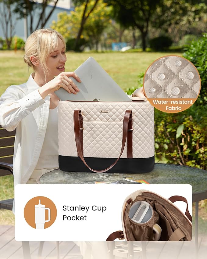 LOVEVOOK Laptop Bag for Women, Work Tote Computer Bag With Large Cup Holder, Lightweight Large Laptop Briefcase, Beige-Brown-Black, 17.3 Inch