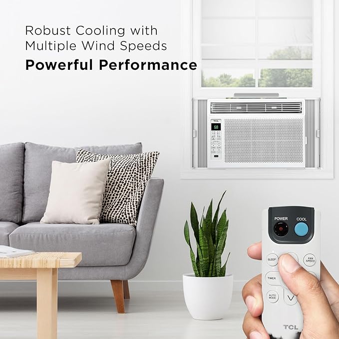 TCL H6W23W 6,000, 115V, AC for Rooms Unit 6000 BTU Window Air Conditioner, Fan & Dehumidifier, 250 Sq. Ft, Remote Control, Easy-to-Use, Reusable Filter, White