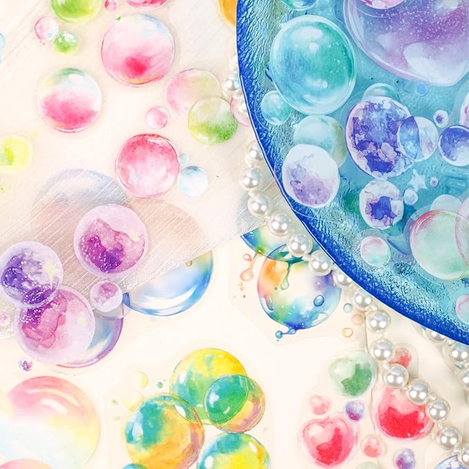 90 Pieces Exquisite Dreamy Bubble PET Sticker Set, Aesthetic Decorative Coloful Bubble Stickers for Scrapbooking, Journaling, Waterproof DIY Crafts, and Junk Journal Supplies