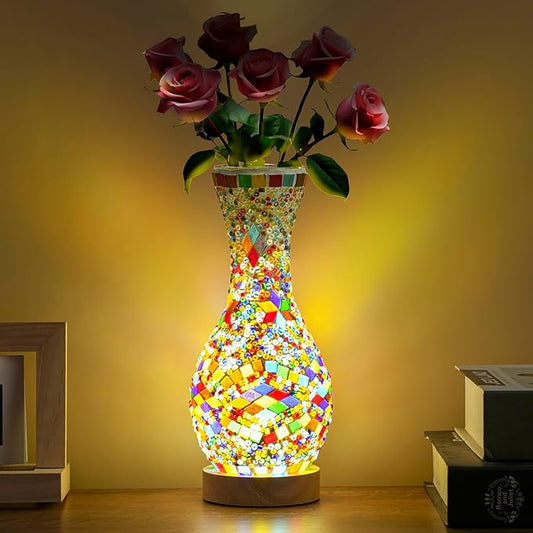 Turkish Moroccan Style Mosaic Table Lamp with USB Power - Colorful Glass Vase Light for Living Room or Bedroom Decor