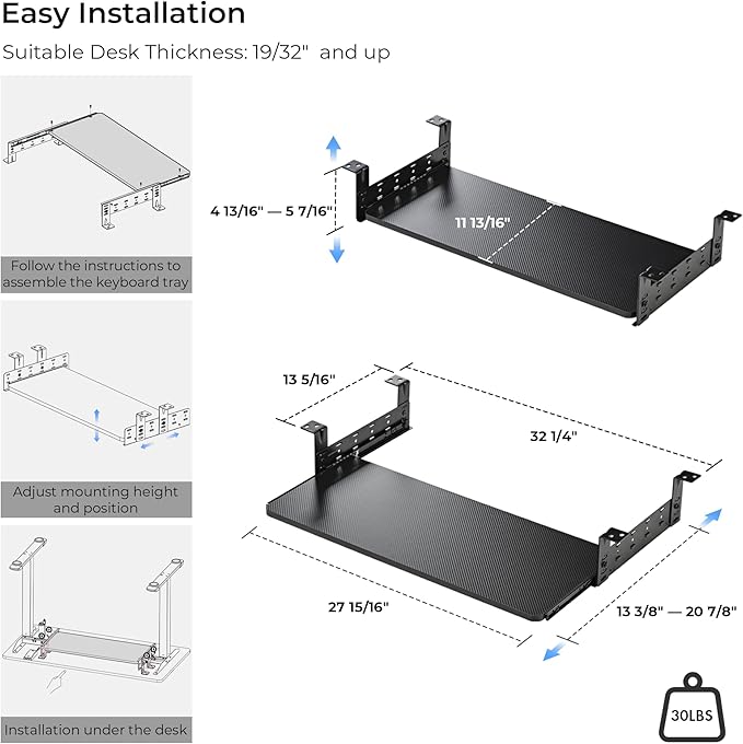 EUREKA ERGONOMIC Adjustable Keyboard Tray Under Desk, 28x11 Inch Large Slide Out Keyboard & Mouse Platform Tray, Wooden Pull Out Computer Keyboard Drawer for Typing Home Office Desk, Black