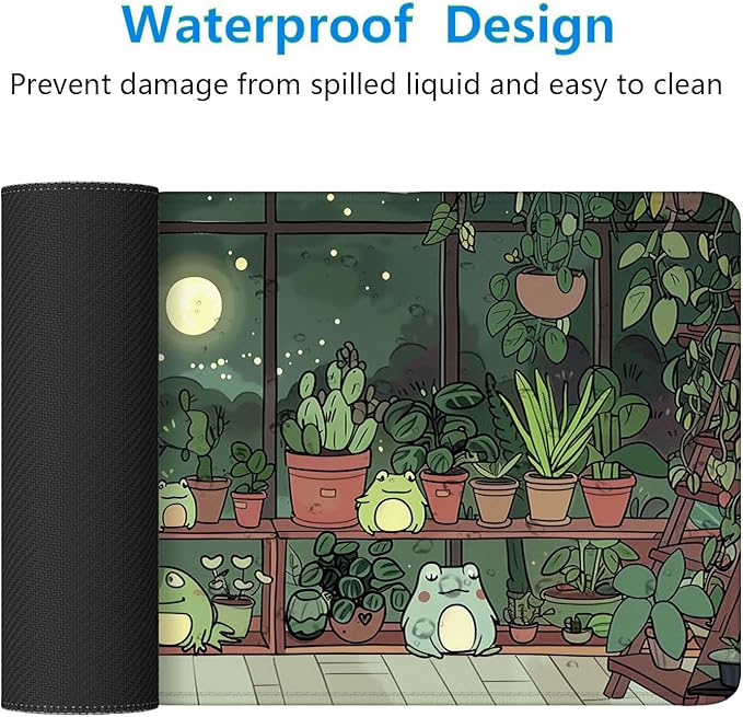 Cute Frog Desk Mat Gaming Mouse Pad Cartoon Kawaii Green Potted Mousepad XL Large Gaming Mouse Pad Laptop Keyboard Mat Desk Pad Office Home Decor for Women Girl 31.5"x11.8"