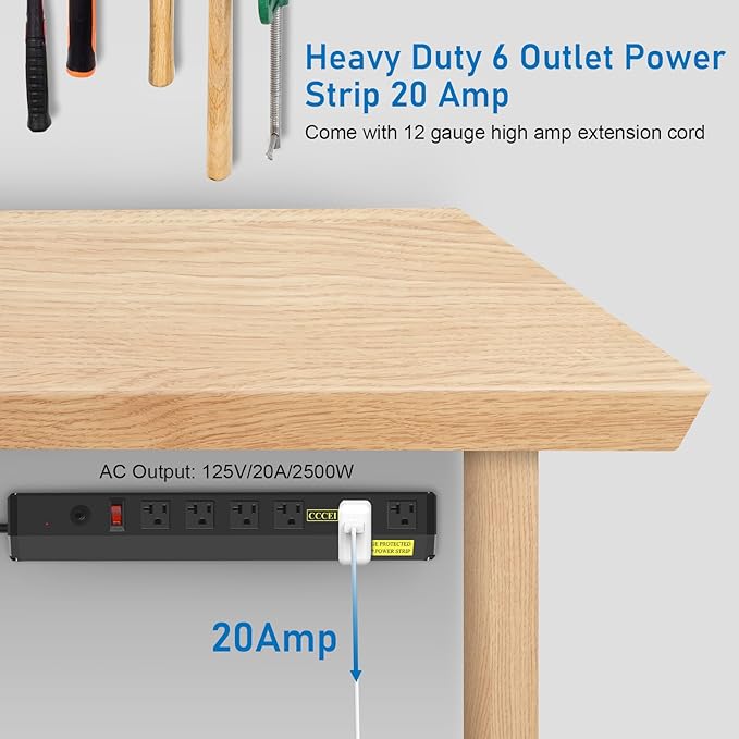 CCCEI Heavy Duty Power Strip Surge Protector 20 Amp, High Amp Industrial Shop Garage Metal Multiple Outlets, 4 FT 12 Gauge 5-15P Extension Cord 6 Outlet 6-20R T-Slot 20a for Appliance. Black.