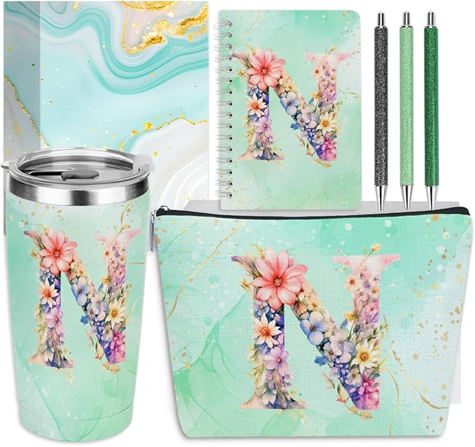 Personalized Gifts Monogrammed Birthday Gifts for Women, Colleague, Female Farewell Christmas, Initial 20 oz Tumbler, Makeup Cosmetic Bag Cup Pens Journal Notebook 6 Set, (Aesthetic Green Flower N)