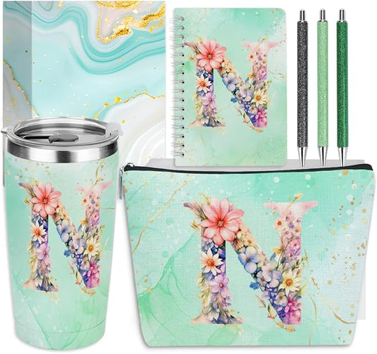 Personalized Gifts Monogrammed Birthday Gifts for Women, Colleague, Female Farewell Christmas, Initial 20 oz Tumbler, Makeup Cosmetic Bag Cup Pens Journal Notebook 6 Set, (Aesthetic Green Flower N)