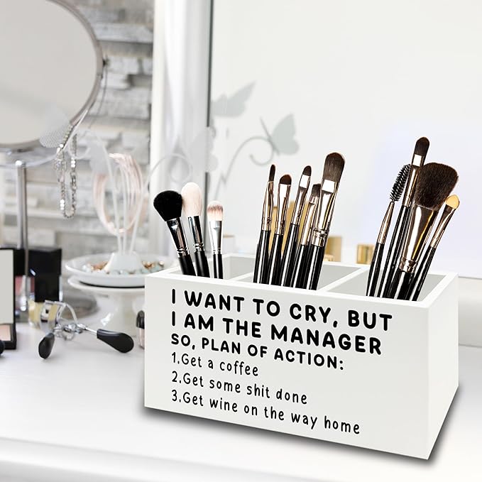 Funny Pen Office Pencil Holder Organizer for Desk, Manager Gifts for Women Men, Funny Coworker Gifts Wooden Box Sign for Home Office Desk Tabletop Decorations