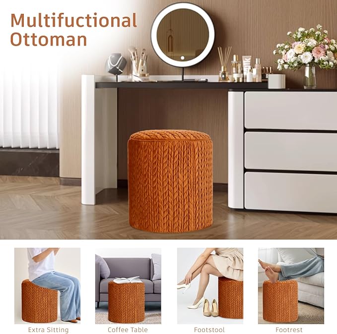 Modern Round Ottoman, Braided-Tufted Foot Stool Ottoman, Velvet Upholstered Vanity Stool for Makeup, Bedroom, Living Room, Dark Orange