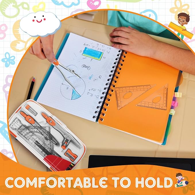 Teling 12 Sets Math Geometry Kit for Students 10 Pcs Compass Geometry Tools Set Includes Rulers Protractor Compass Eraser Pencil Sharpener Lead Refills Pencil (Orange)