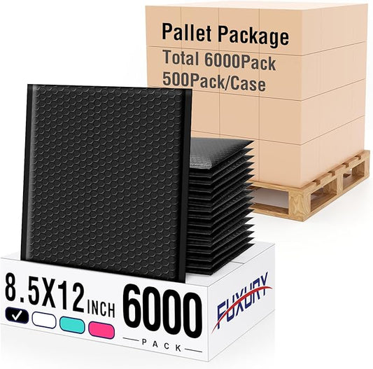 Fuxury Black Bubble Mailers 8.5x12" Padded Envelopes 6000Pack Bulk Strong Adhesion Full Pallet of Padded Mailers Thick Bubble Envelopes for Small Business Mailing Books Clothes Makeup Supplies