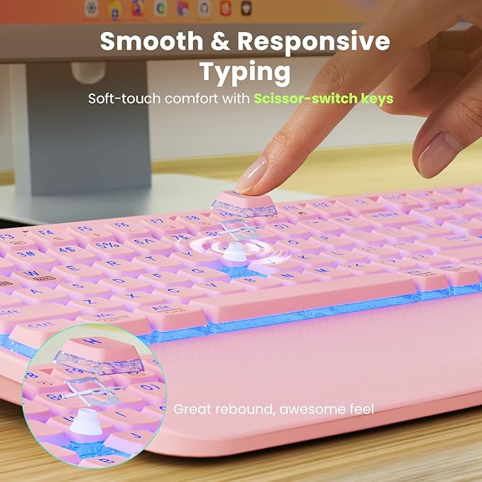Pink Keyboard and Mouse Wireless Combo, 4000mAh Rechargeable Backlit Quiet Keyboards mice set, USB Ergonomic Key Board with Wrist Rest & Phone Holder for PC, Mac, Windows, Natural Soft Typing —SABLUTE