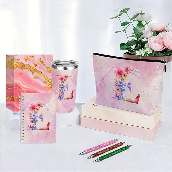 Personalized Gifts Monogrammed Birthday Gifts for Women, Daughter Bestie Friendship Christmas Initial 20 oz Tumbler, Makeup Bag Cup Ballpoint Pens Journal Notebook 6 Set, (Aesthetic Pink Flower E)