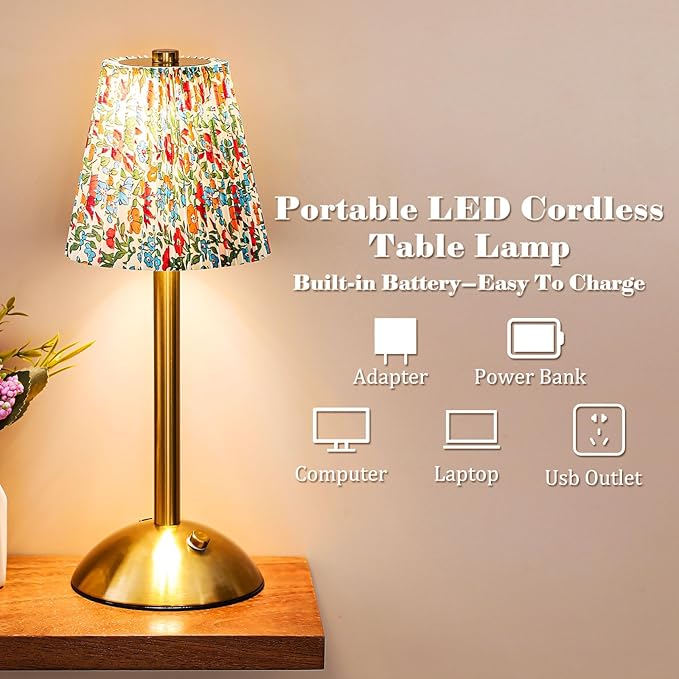 Liliful 2 Pcs LED Portable Cordless Table Lamp Touch Battery Operated Rechargeable Gold Desk Lamp 3 Color Dimmable for Bedroom Living Room Dining (Gold,Floral Style)