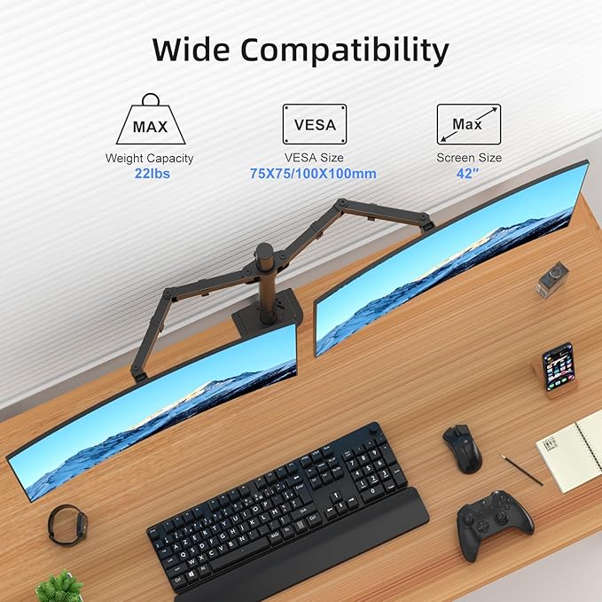 Suptek Dual Monitor Arm Desk Mount,Ultrawide Dual Monitor Arm for 2 Monitor Screens up to 42 inches and Max 22lbs Each,Extra Tall 15.75" Pole Fully Adjustable Monitor Stand for Desk,Black(MD9442LB)