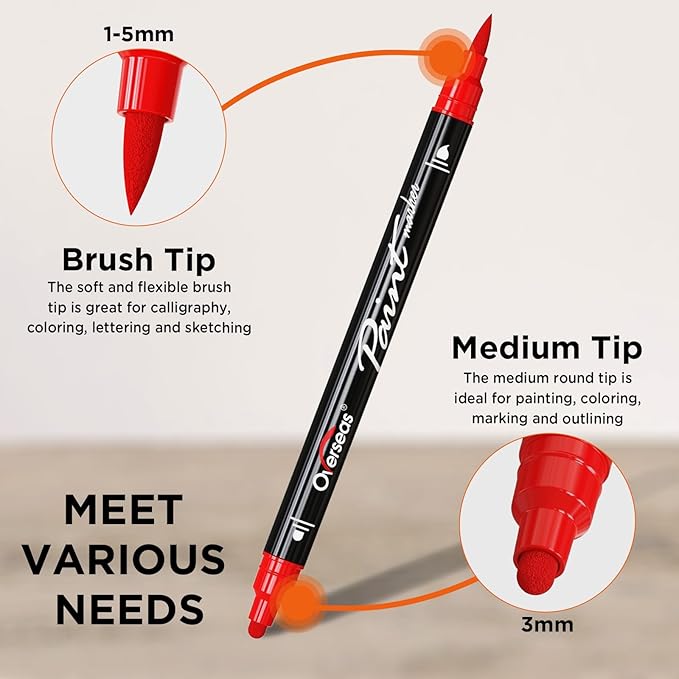 Overseas Silver Acrylic Paint Markers, 2 Pack Dual Tip Paint Pens Acrylic Markers with Dot and Brush Tip, No Bleeding Coloring Marker for Wood, Rock, Canvas, Glass, Metal, Ceramic, Plastic, Fabric