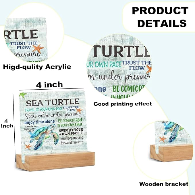 Sea Turtle Decor Desk Acrylic Sign 4x4 inch, Beach Decorations for Home Bedroom Bathroom, Inspirational Gifts for Women Men Coworkers, Mental Health Table Top Shelf Gadgets Cubicle Accessories