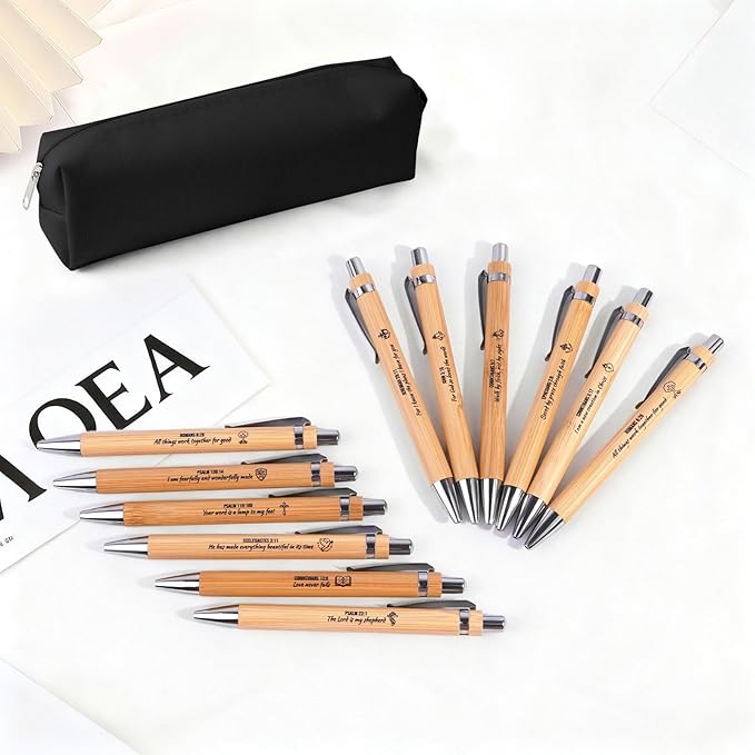 Bible Verse Pens 25 Pcs with 12 Christian Pens & 12 Refills & 1 Black Pen Pouch Bamboo Retractable Ballpoint Pens Inspirational Quote Pen Religious Gifts for Men Women