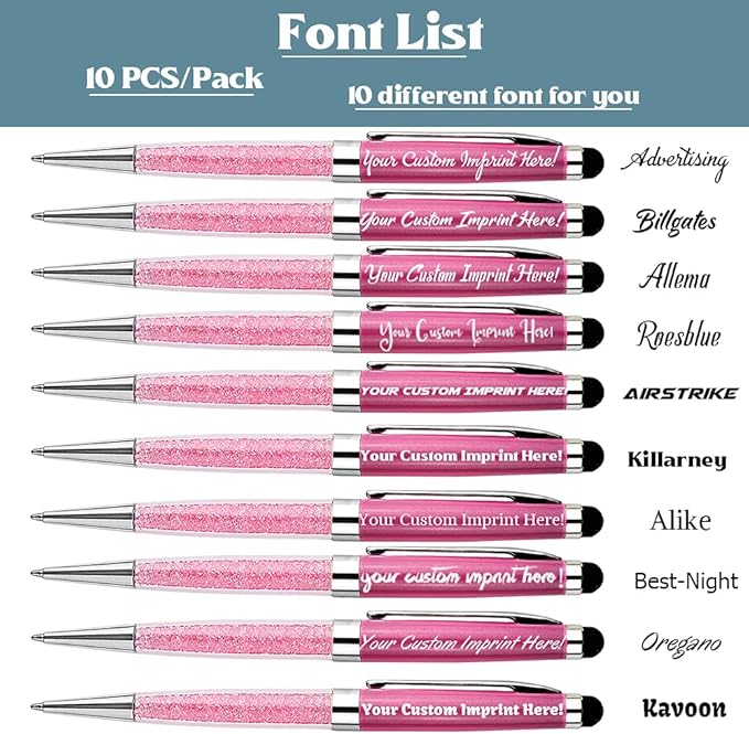 Ancolo Personalized Crystal Pens with Stylus Tip, Office Writing Set- Engraved with Your Message Name Company Team Name, Gift for Women Girl 10 Pens/Box (Pink)
