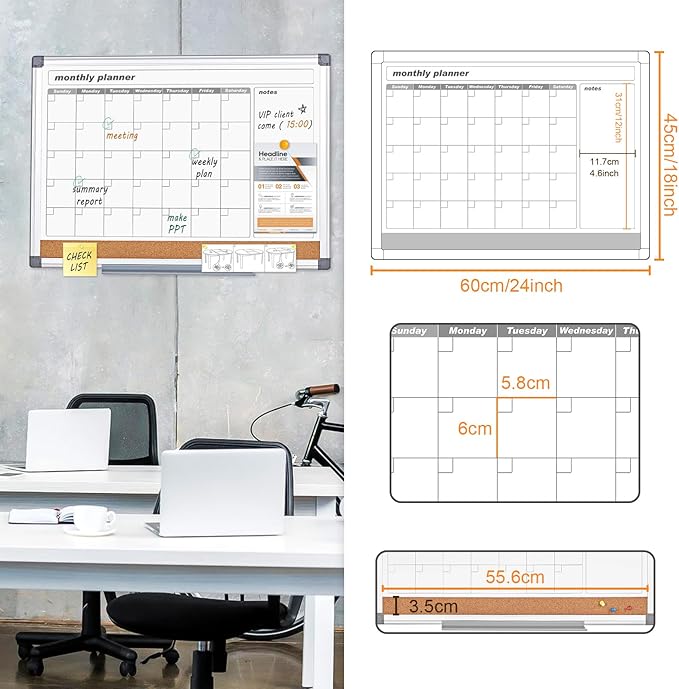 MAKELLO Dry Erase Calendar for Wall 24x18 in, Whiteboard Calendard with Cork Board for Office, Home, School, Family, Kitchen and Bedroom