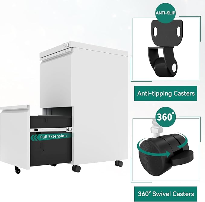 YITAHOME 2 Drawer File Cabinet with Lock, Mobile Metal Filing Cabinet for Letters/Legal/A4 Size, Home Office & Business Enterprise, Fully Assembled Except Wheels, White