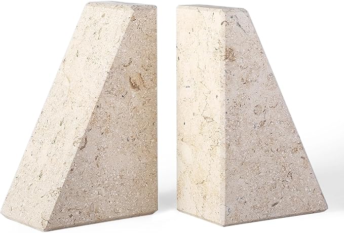 Marble Bookends for Heavy Books, Decorative Book Ends for Shelves, Beige Stone Durable and Heavy-Duty Book Ends for Hardback Books & CDS, Unique Book Stopper & Holder, Set of 2