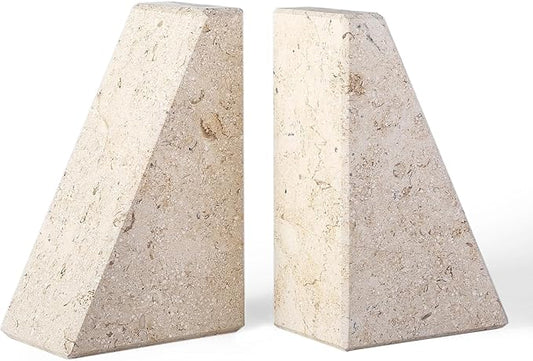 Marble Bookends for Heavy Books, Decorative Book Ends for Shelves, Beige Stone Durable and Heavy-Duty Book Ends for Hardback Books & CDS, Unique Book Stopper & Holder, Set of 2