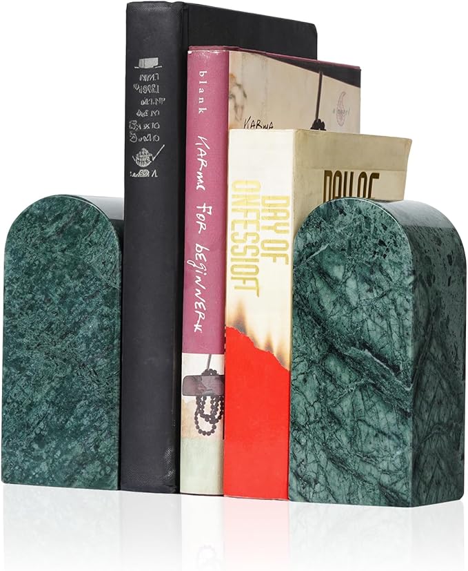 Koville Indian Natural Marble Bookends for Shelves, Decorative Book Ends, 7lbs Heavy-Duty Marble Book Holders, Bookshelf Apartment Decor for Normal Books/CD/Video Games(Indian Green)