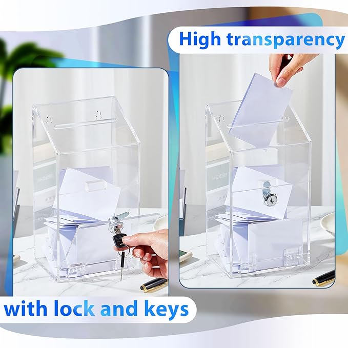 Acrylic Donation Box 10.2" x 5.6" x 4" Suggestion Box with Lock and Slot Wall Mount Safe Key Drop Ballot Clear Fundraising for Home Office Vote
