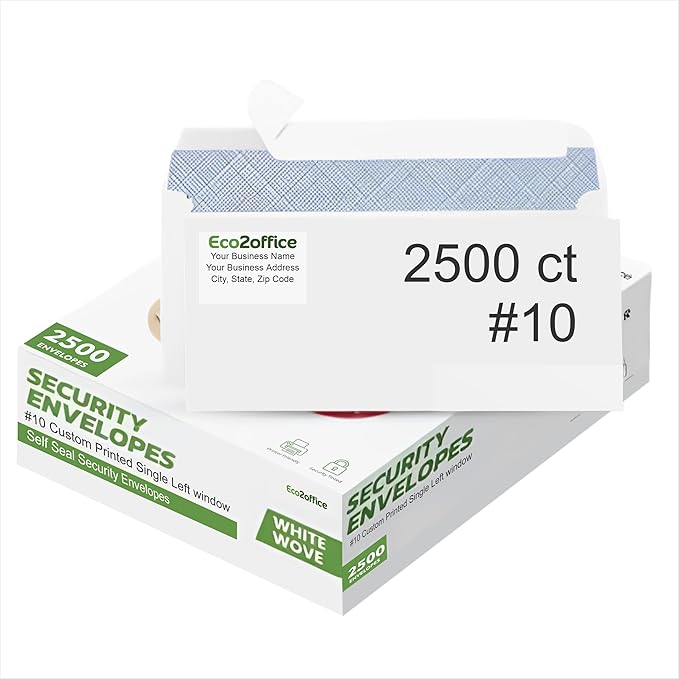 2500 Custom #10 Envelopes with Logo - Personalized #10 Self-Seal - Printed Envelopes with Return Address - Custom Printed Security Envelope - Ideal for Business Mailings - White 2500 Count