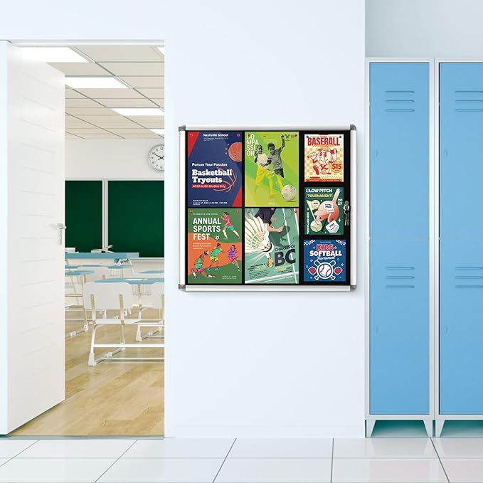 Enclosed Bulletin Board Lockable Display Case Message Board with Locking Door for Indoor, Black Felt, Silver Aluminum Frame, 28x26 inch (6xA4)