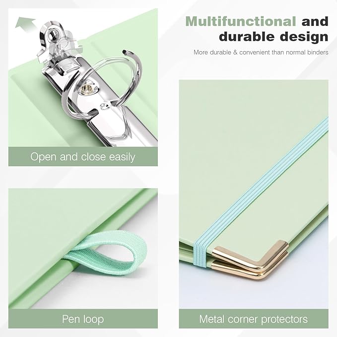 Ospelelf Binder 3 Ring 1 Inch, Green Plain Round Ring Clipboard Binder for Letter Size Paper with 5 Tab Dividers, for School and Office Essential Supplies