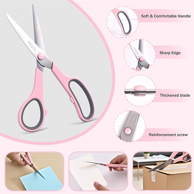 Scissors, Rkqoa 8" Adult Scissors All Purpose 6 Pack - Comfort-Grip Sharp Shears for Office School Sewing Fabric Craft Art Supplies, Teacher/Class Everyday Use, Right/Left Handles