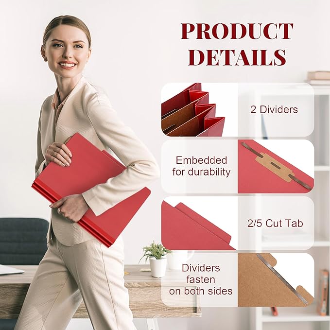 48 Pcs Classification Folders Letter Size, 2 Divider Pressboard File Folders with 3. 5 Inch Expansion, 2 Prongs Fastener, Heavy Duty Office File Organizers for Teachers, Medical (Dark Red)