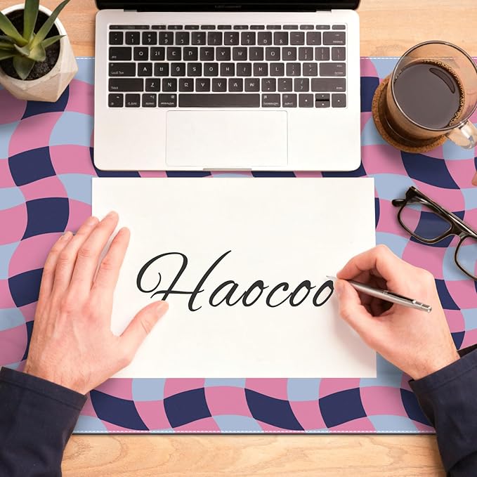 HAOCOO Checkered Desk Mat, 35.4" x 15.7" Leather Desk Matt, XXL Mouse Pad Office Decor, Non-Slip Keyboard Pads, Water Resistant Table Mat, Stitched Edge Keyboard Pad for School, Home(Pink)