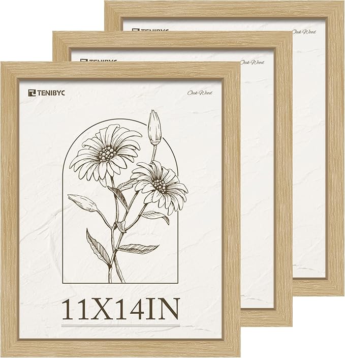11x14 Picture Frame 3 Pack, Light Oak Photo Frame with HD Tempered Glass, Natural Wood Grain, Table or Wall Display
