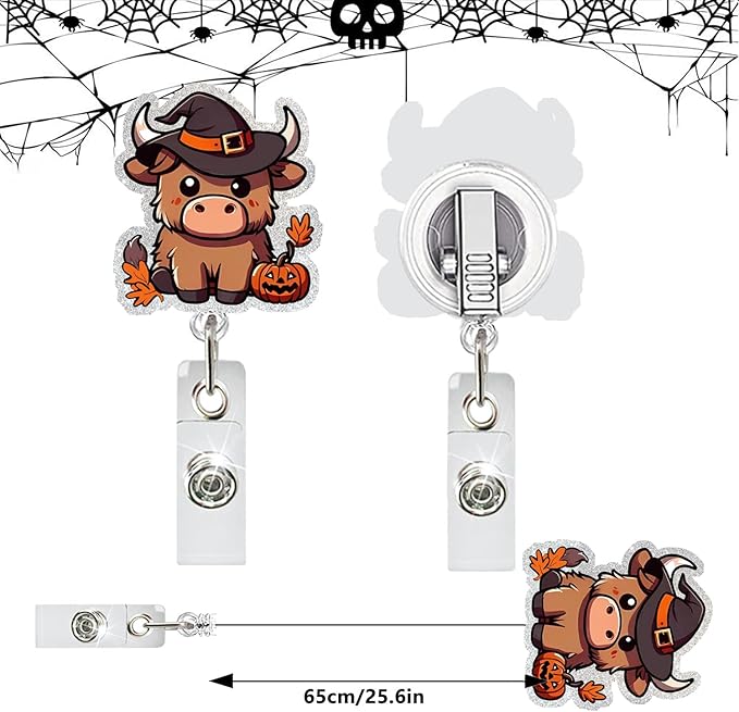 Halloween Cow Badge Reel Retractable Acrylic ID Clip with Swivel Alligator Clip Cartoon Highland Cow ID Tag Card Holder Clip for Nursing Student, Doctor Medical Worker Alligator Badge Accessories