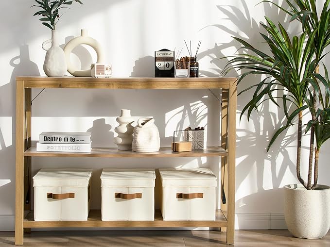 StorageWorks Large Storage Bins with Lids, Decorative Storage Boxes with Lid and PU Handles, Foldable Storage Baskets for Closet, Shelves, Stackable, Ivory White, 3-Pack