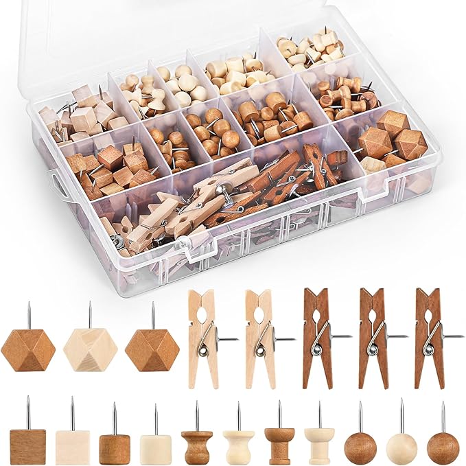 300Pcs Wooden Push Pins,2 Colors and 7 Types Decorative Thumb Tacks, Cute Thumb Tacks, Wood Pushpins for Cork Board, Wooden Thumbtacks for Bulletin Board, Cubicle Wall, Cork Board Accessories