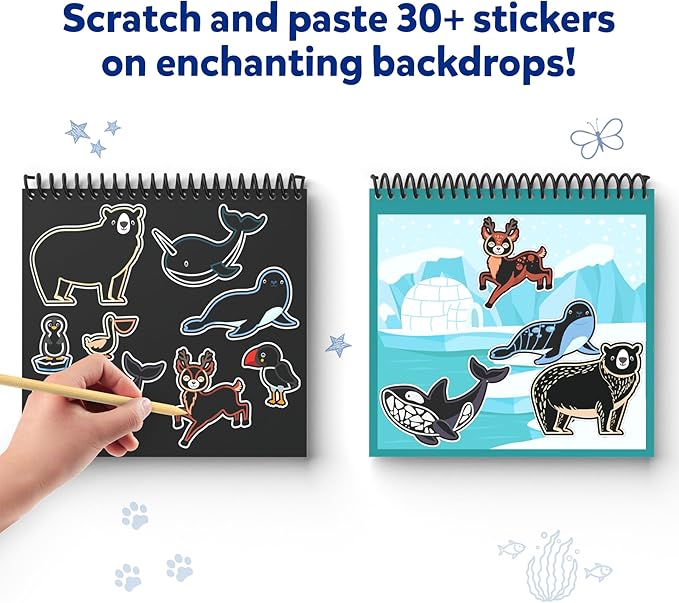 Skillmatics Scratch Art Book for Kids - Animals, Craft Kits & Supplies, 30+ Scratch Stickers, Stocking Stuffers, Travel Toys, DIY Kit, Christmas Gifts for Boys & Girls Ages 3, 4, 5, 6, 7, 8