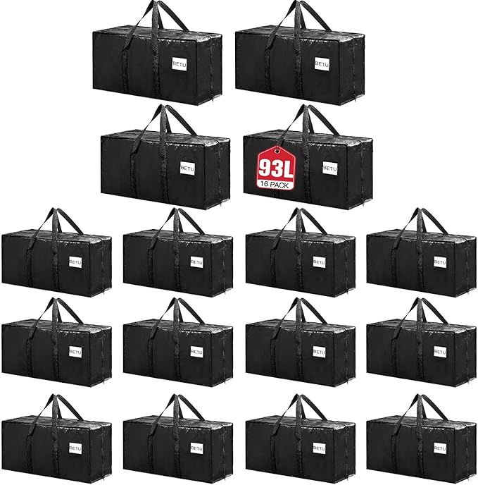 Extra Large Moving Bags Heavy Duty Storage Bags with Zipper Handles, BETU 16 Pack Clothes Storage Totes Bins Packing Moving Boxes, Moving Supplies for College Dorm Essentials, Space Saving, Black