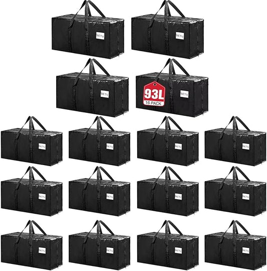 Extra Large Moving Bags Heavy Duty Storage Bags with Zipper Handles, BETU 16 Pack Clothes Storage Totes Bins Packing Moving Boxes, Moving Supplies for College Dorm Essentials, Space Saving, Black