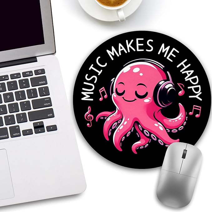 Music Octopus Mouse Pad, Small Round Black Mouse Pads for Desk, Mini Travel Mousepad for Work Wireless Computer Laptop, Office Desk Accessories, Music Makes Me Happy, 8.6 x 8.6 inch