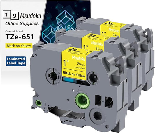 Tze Tz Tape 24mm 0.94 Laminated Yellow Compatible for Brother P Touch Label Maker Tape TZe-651 TZe651 Label Tape for PT D600 D610 P710BT P910BT, Black on Yellow, 0.94 Inch x 26.2 Feet, 3-Pack