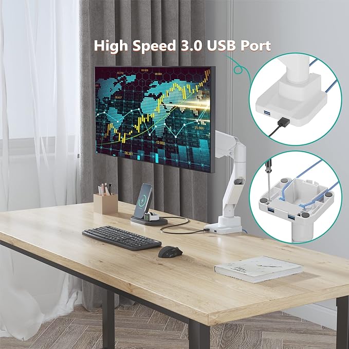 WALI Ultrawide Monitor Arm for 13 to 49 Inch Heavy Duty Curved Screens, Adjustable Gas Spring Single Monitor Desk Mount with 2 USB 3.0 Ports, Holds 33 lbs, 75x75/100x100 VESA, White (GSMU001-W)