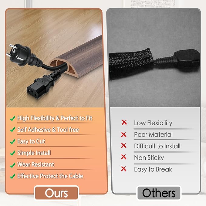 Floor Cord Cover for Wires on Floor Self Adhesive Cord Hider Floor Cable Management Wire Covers for Cords Protector Prevent Cable Trips Cord Cavity W 0.51" x H 0.31", Grayish Brown Wood, 20Ft
