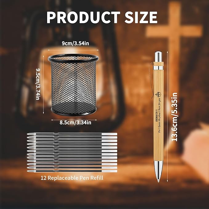 12 PCS Bamboo Bible Design Pens with Inspiring Text, Pen Set with 12 Ink Refills & 1 Black Pen Holder, Smooth Black Ink Ballpoint Pens for Church Staff, Gift for Women & Men
