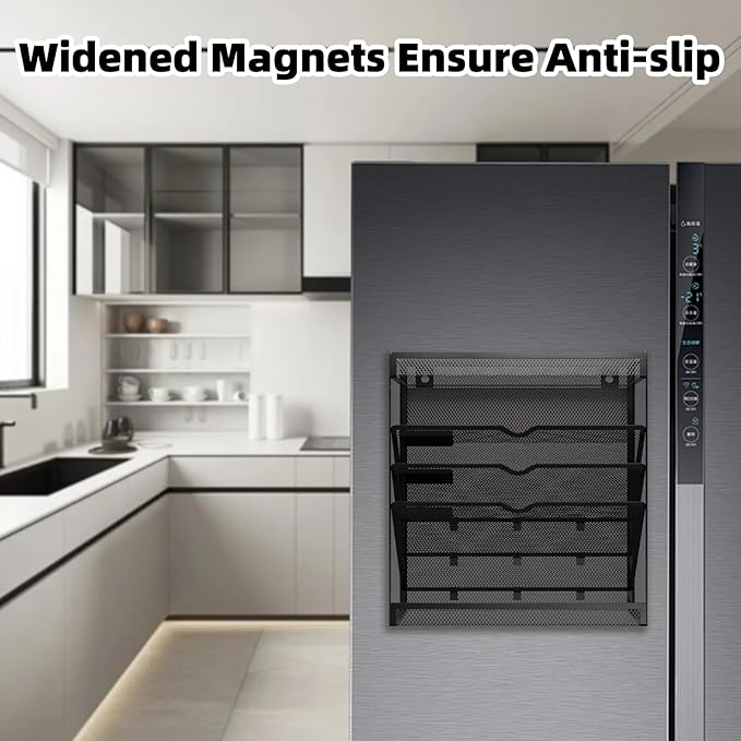 5 Tier Magnetic File Holder, No Drilling Wall File Organizer, Magazine Paper Mail Document Holder/Magnetic Hanging File Organizer for File Cabinets,Whiteboard refrigerator,Office,Classroom(Black)