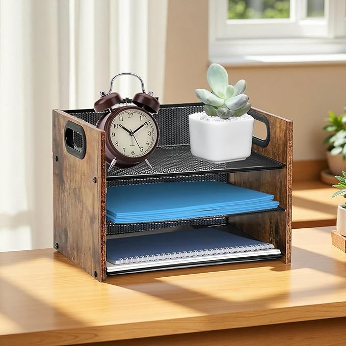 Wood Desk Organizer - 3-Tier Desktop File Organizer, Wooden Paper Tray, Office Desk Organzier and Accessories for Papers, Mail, Notebooks, Stationery