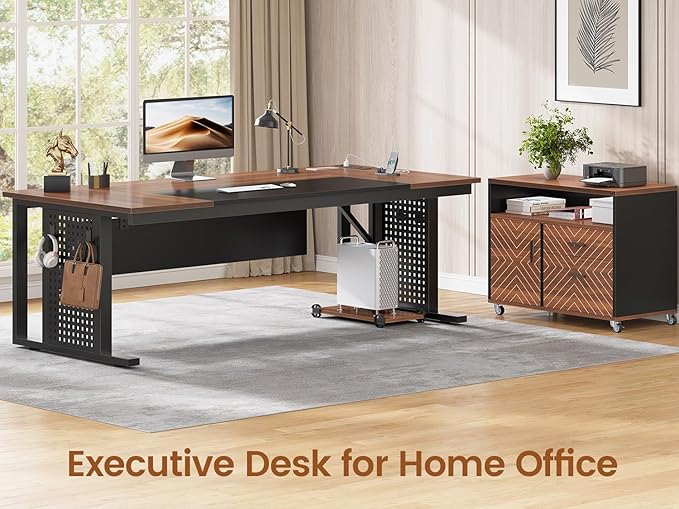 SEDETA 71" Executive Desk with Rolling File Cabinet, Large Office Desk with Drawers, L Shaped Computer Desk with Power Outlets, CPU Stand, Pegboard and Storage Shelves, Brown
