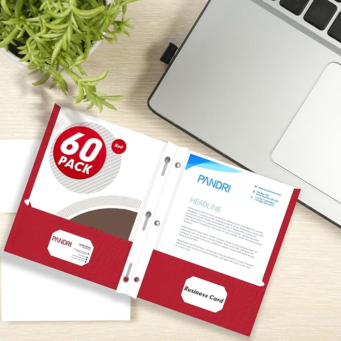 Two Pocket Folders, PANDRI 60 Pack Two Pocket Folders with Prongs, 3 Prong Folders Designed for Office and Classroom, Letter Size Red