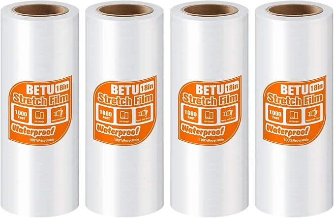 BETU Plastic Wrap Stretch Film for Moving Supplies 18inch X 1000ft, Shrink Wrap Stretch Roll Industrial for Furniture Wrapping Shipping Pallet Moving Boxes Storage with Handles, 4 Pack, Clear